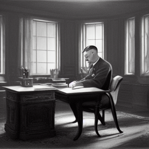 Chamberlain, sitting at his desk with his head in his hands, looks defeated as the newspaper reads 